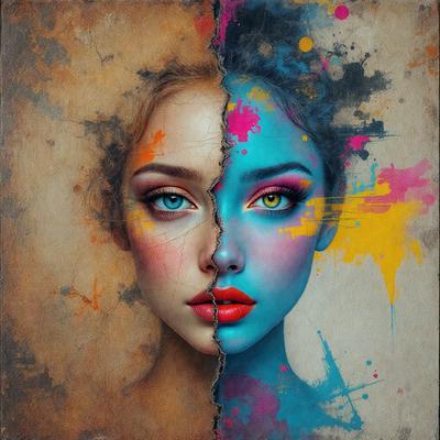 The primary subject of the image is a woman with two different colored faces, one blue and one orange. The setting is a painting, and the visual style is a combination of digital art and illustration. The dominant colors are blue and orange, creating a vibrant and contrasting atmosphere.